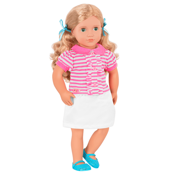 18-inch doll with blonde hair, green eyes, baking accessories and storybook