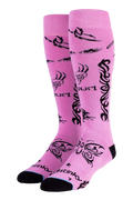 Pink socks with black designs on a white background