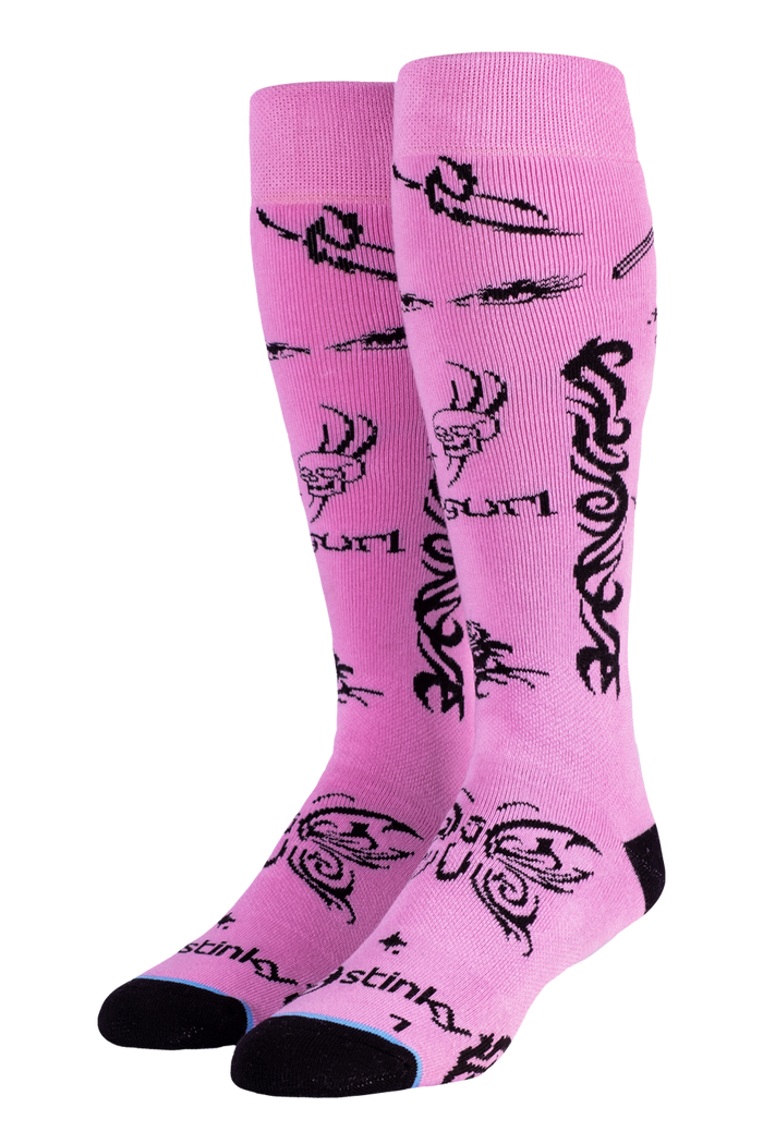 Pink socks with black designs on a white background