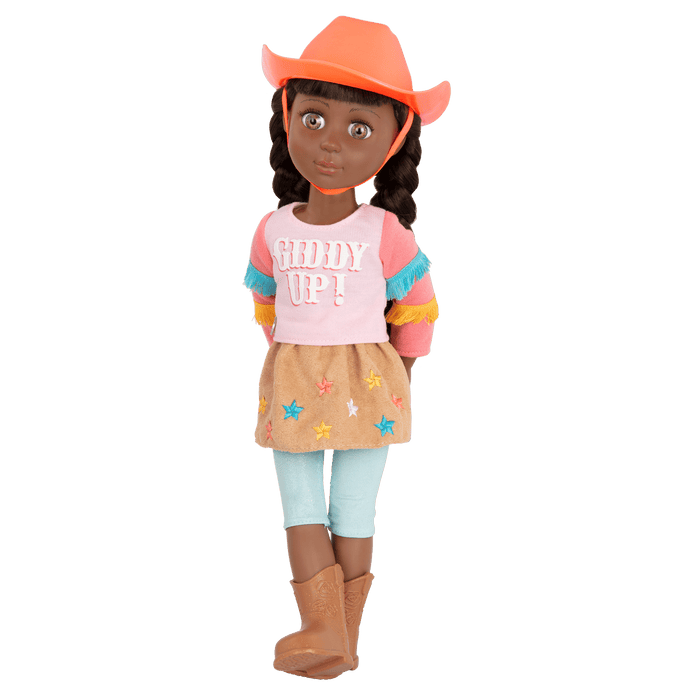 14-inch posable doll with brown hair and green eyes