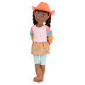 14-inch posable doll with brown hair and green eyes