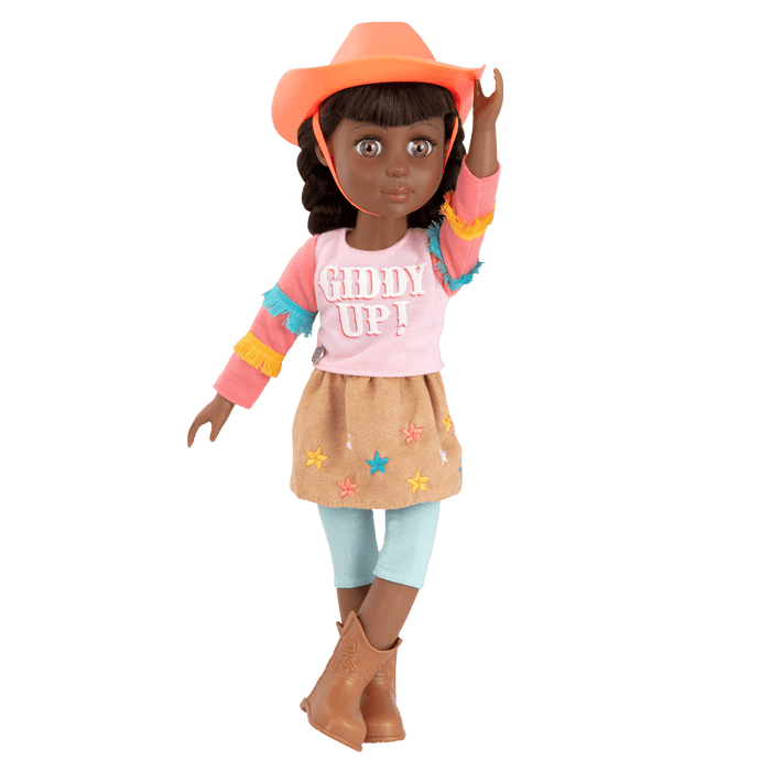 14-inch posable doll with brown hair and green eyes