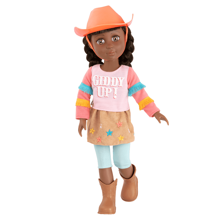 14-inch posable doll with brown hair and green eyes