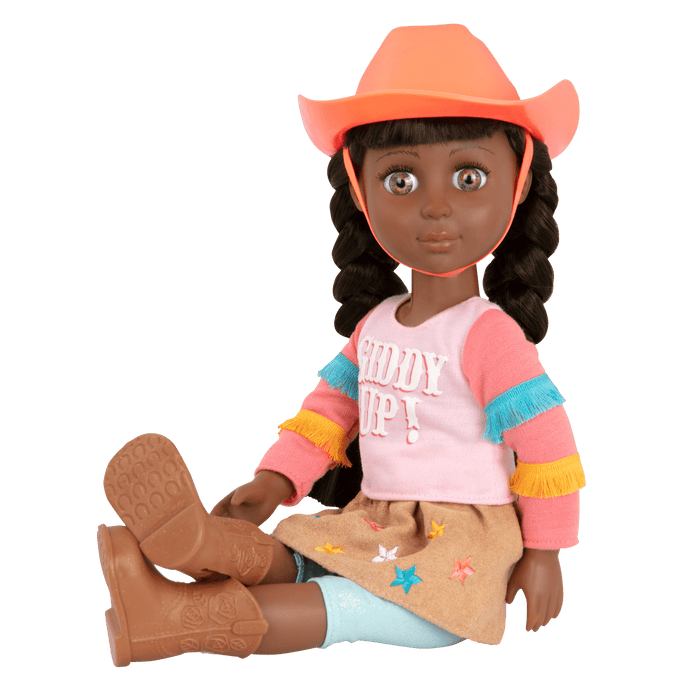 14-inch posable doll with brown hair and green eyes