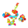 Creations made with Bristle Blocks, including a car with functional wheels.