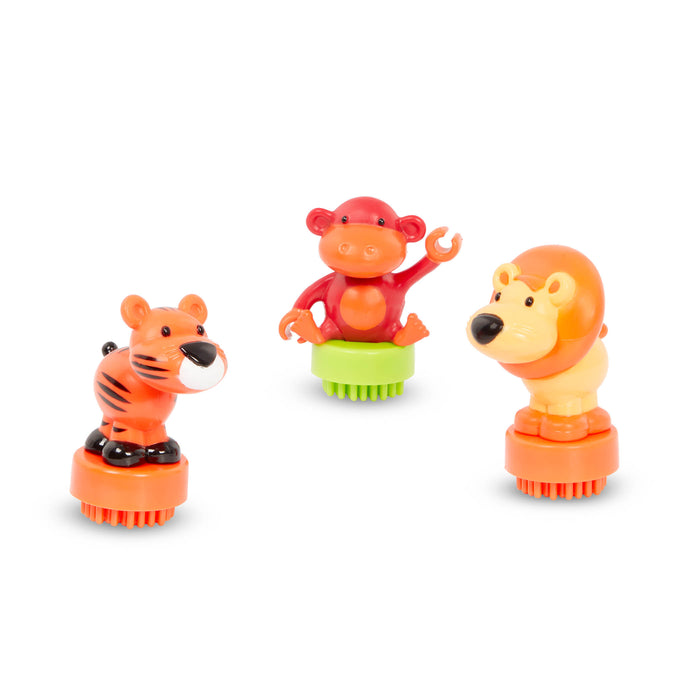 Creations made with Bristle Blocks, including a car with functional wheels.