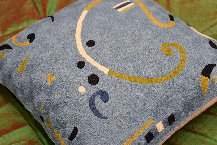 Kandinsky Blue Ribbon Cushion Cover Hand Embroidered 18" x 18" - KashmirDesigns