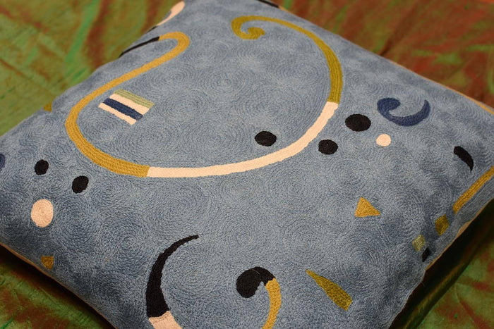 Kandinsky Blue Ribbon Cushion Cover Hand Embroidered 18" x 18" - KashmirDesigns