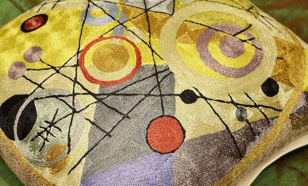 Kandinsky Cushion Cover Circles In Circle III Yellow Handembroidered Art Silk 18x18" - KashmirDesigns