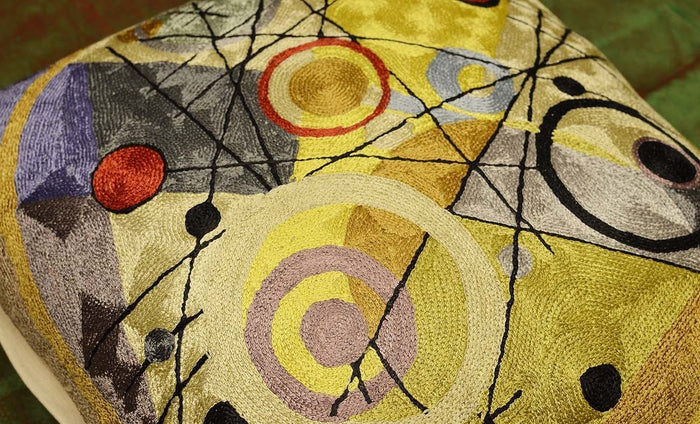Kandinsky Cushion Cover Circles In Circle III Yellow Handembroidered Art Silk 18x18" - KashmirDesigns
