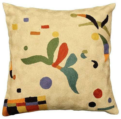 Kandinsky Elements Creme Pillow Cover Hand Embroidered 18" x 18" - KashmirDesigns
