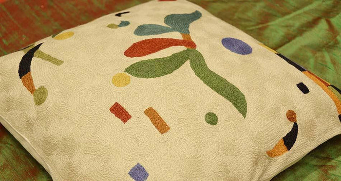 Kandinsky Elements Creme Pillow Cover Hand Embroidered 18" x 18" - KashmirDesigns