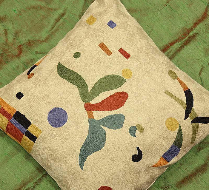Kandinsky Elements Creme Pillow Cover Hand Embroidered 18" x 18" - KashmirDesigns