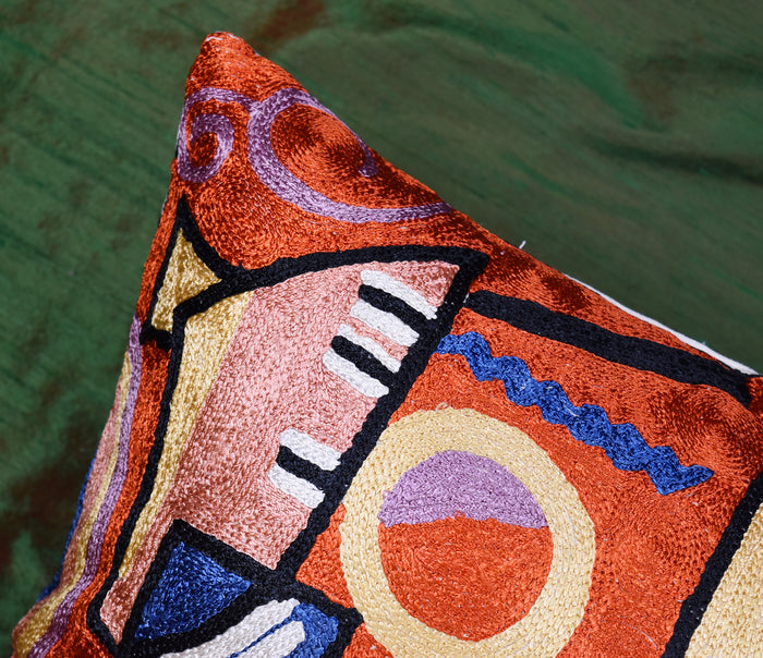 Kandinsky Rust Pillow Cover Mit Und Gegen Copper Accent Pillows Hand Embroidered Art Silk 18x18" - KashmirDesigns