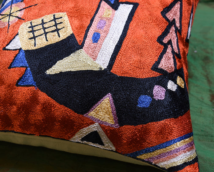 Kandinsky Rust Pillow Cover Mit Und Gegen Copper Accent Pillows Hand Embroidered Art Silk 18x18" - KashmirDesigns