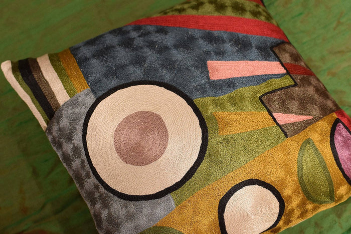 Kandinsky Soul Flood III Decorative Pillow Cover Silk Hand Embroidered 18" x 18" - KashmirDesigns