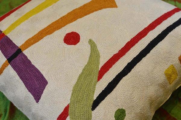 Kandinsky  Synaesthesia Abstract Cream Pillow Cover Wool Handembroidered 18" x 18" - KashmirDesigns