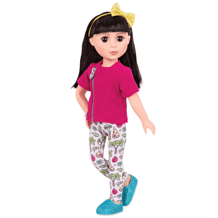 14-inch posable doll with black hair and brown eyes