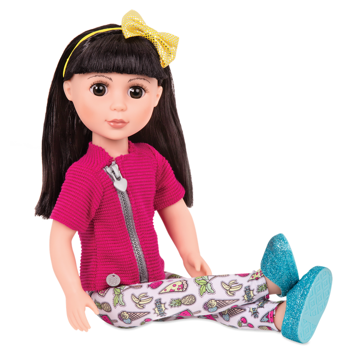 14-inch posable doll with black hair and brown eyes
