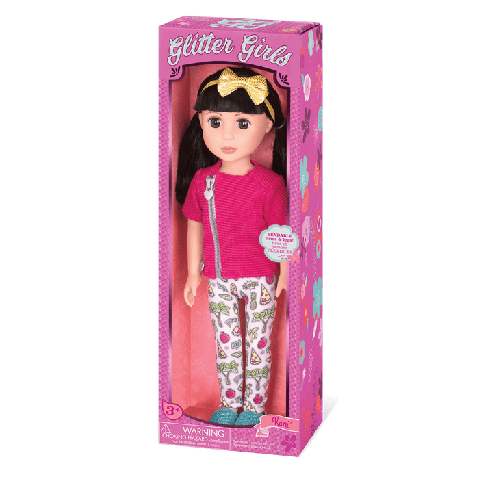 14-inch posable doll with black hair and brown eyes