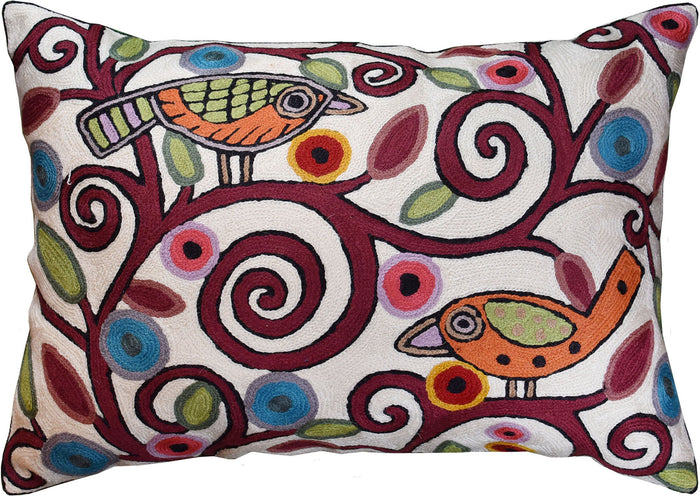Lumbar Birds Tree of Life Ivory Accent Pillow Cover Handembroidered Wool 14x20" - KashmirDesigns