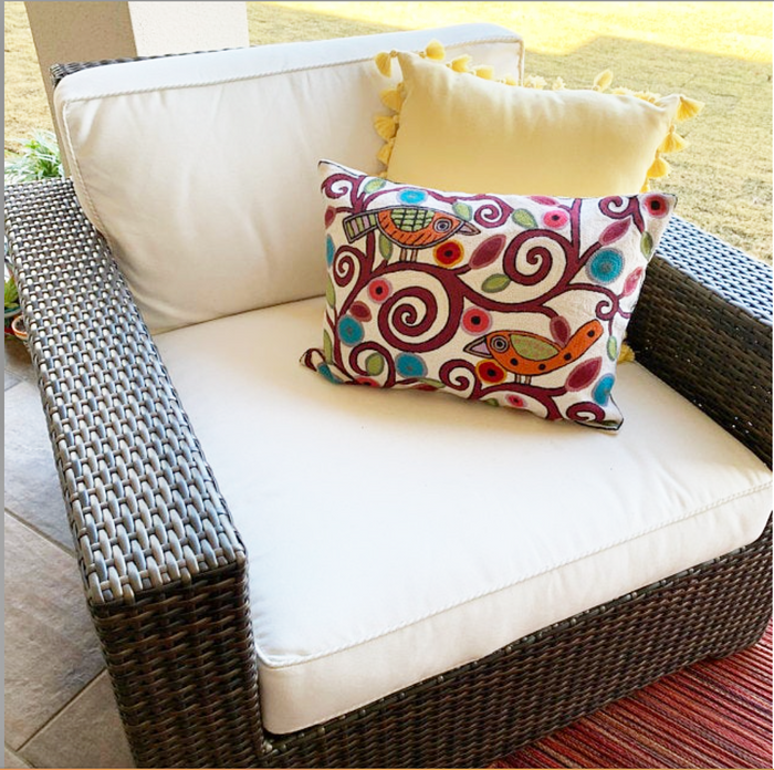 Kashmir Designs Lumbar Klimt Modern Pillow Cover | Cream Birds Pillows | Tree of Life Pillows| Suzani Floral Pillows | Floral Outdoor Pillows | Mid Century Chair Cushion | Handmade Wool Size 14x20