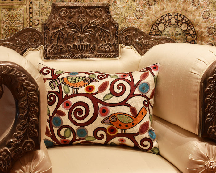 Lumbar Birds Tree of Life Ivory Accent Pillow Cover Handembroidered Wool 14x20" - KashmirDesigns