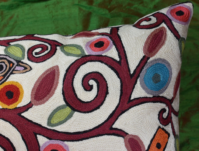 Lumbar Birds Tree of Life Ivory Accent Pillow Cover Handembroidered Wool 14x20" - KashmirDesigns