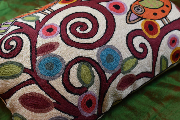 Lumbar Birds Tree of Life Ivory Accent Pillow Cover Handembroidered Wool 14x20" - KashmirDesigns