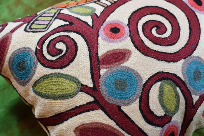 Lumbar Birds Tree of Life Ivory Accent Pillow Cover Handembroidered Wool 14x20" - KashmirDesigns