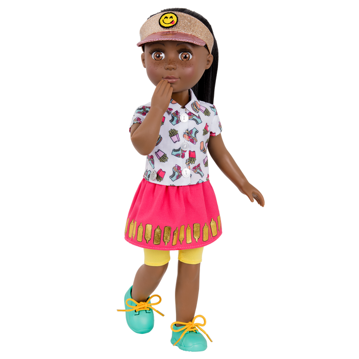 14-inch posable doll with brown hair and brown eyes
