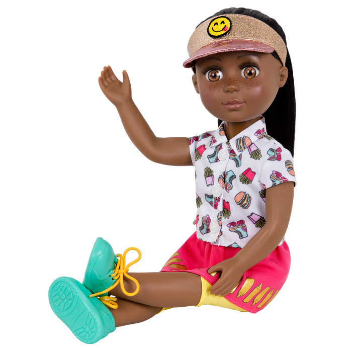 14-inch posable doll with brown hair and brown eyes