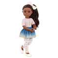14-inch posable doll with dark brown hair and brown eyes