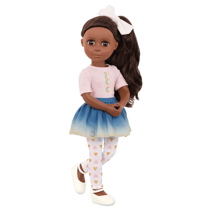 14-inch posable doll with dark brown hair and brown eyes