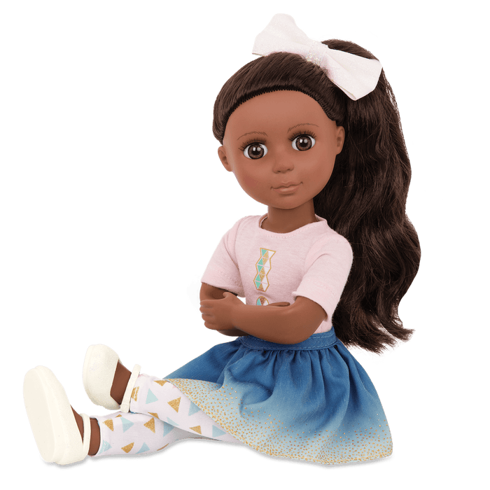 14-inch posable doll with dark brown hair and brown eyes