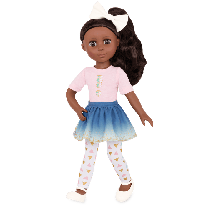 14-inch posable doll with dark brown hair and brown eyes