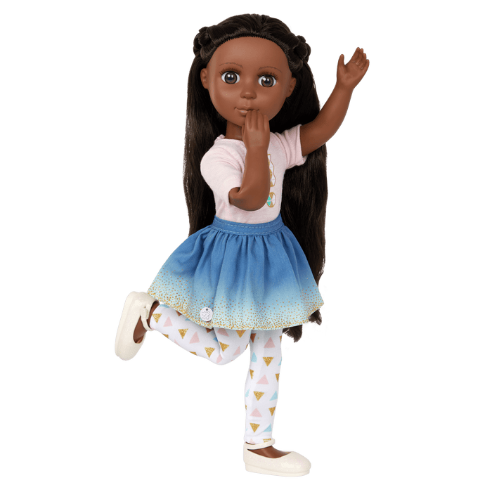 14-inch posable doll with dark brown hair and brown eyes