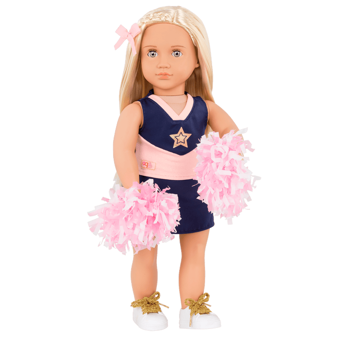 18-inch cheerleader doll with blonde hair and green eyes