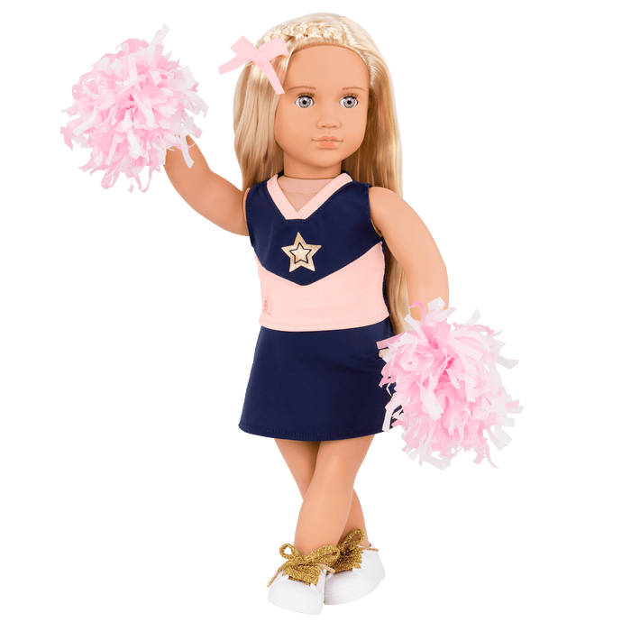 18-inch cheerleader doll with blonde hair and green eyes