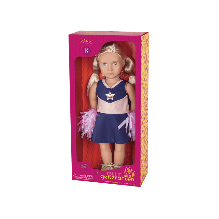 18-inch cheerleader doll with blonde hair and green eyes