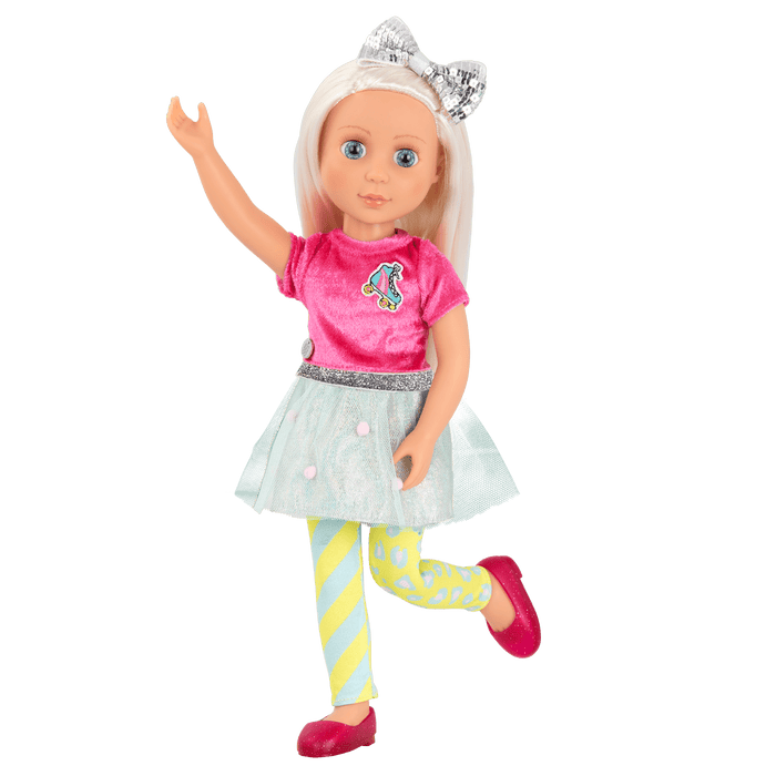 14-inch posable doll with platinum blonde hair and blue eyes