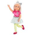 14-inch posable doll with platinum blonde hair and blue eyes