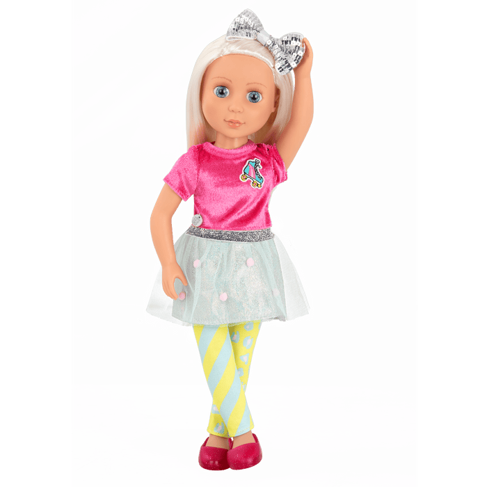 14-inch posable doll with platinum blonde hair and blue eyes