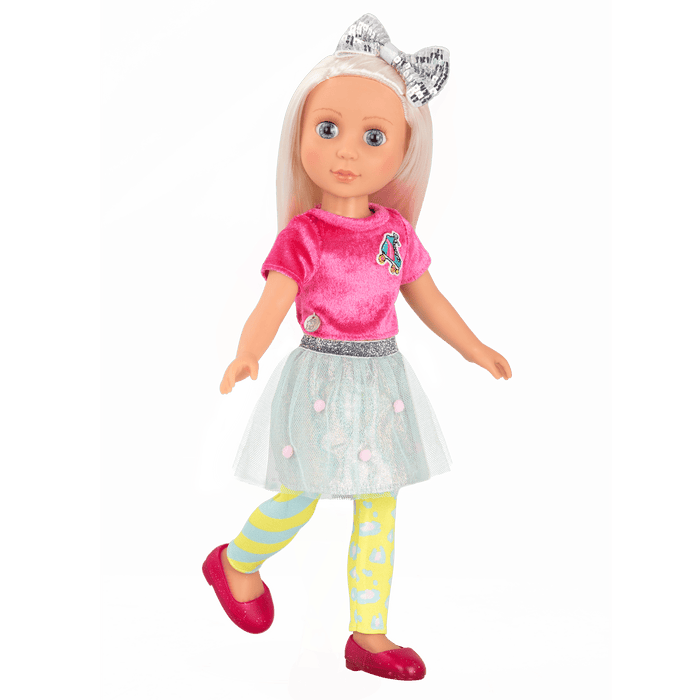 14-inch posable doll with platinum blonde hair and blue eyes