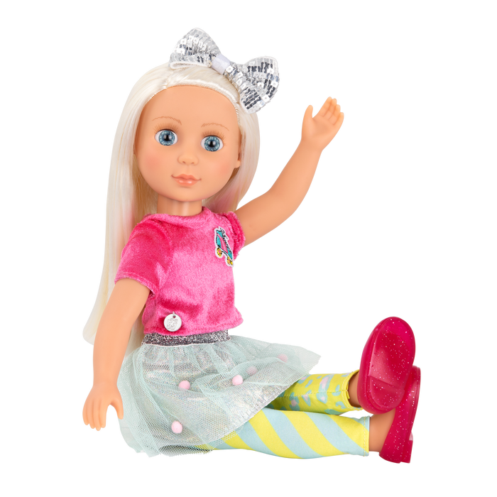 14-inch posable doll with platinum blonde hair and blue eyes