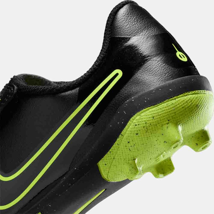 Up close, rear view of the Nike Kids' Tiempo Legend 10 Club Soccer Cleats.