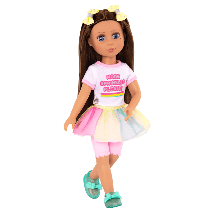 14-inch posable doll with brown hair and blue eyes