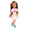 14-inch posable doll with brown hair and blue eyes