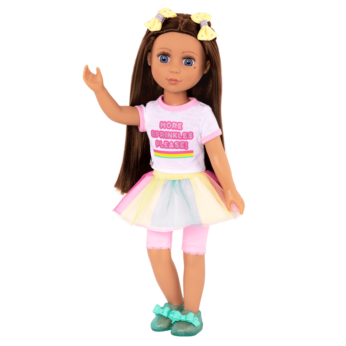 14-inch posable doll with brown hair and blue eyes