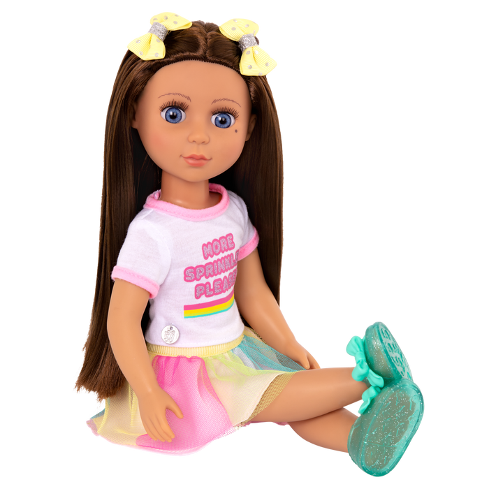 14-inch posable doll with brown hair and blue eyes